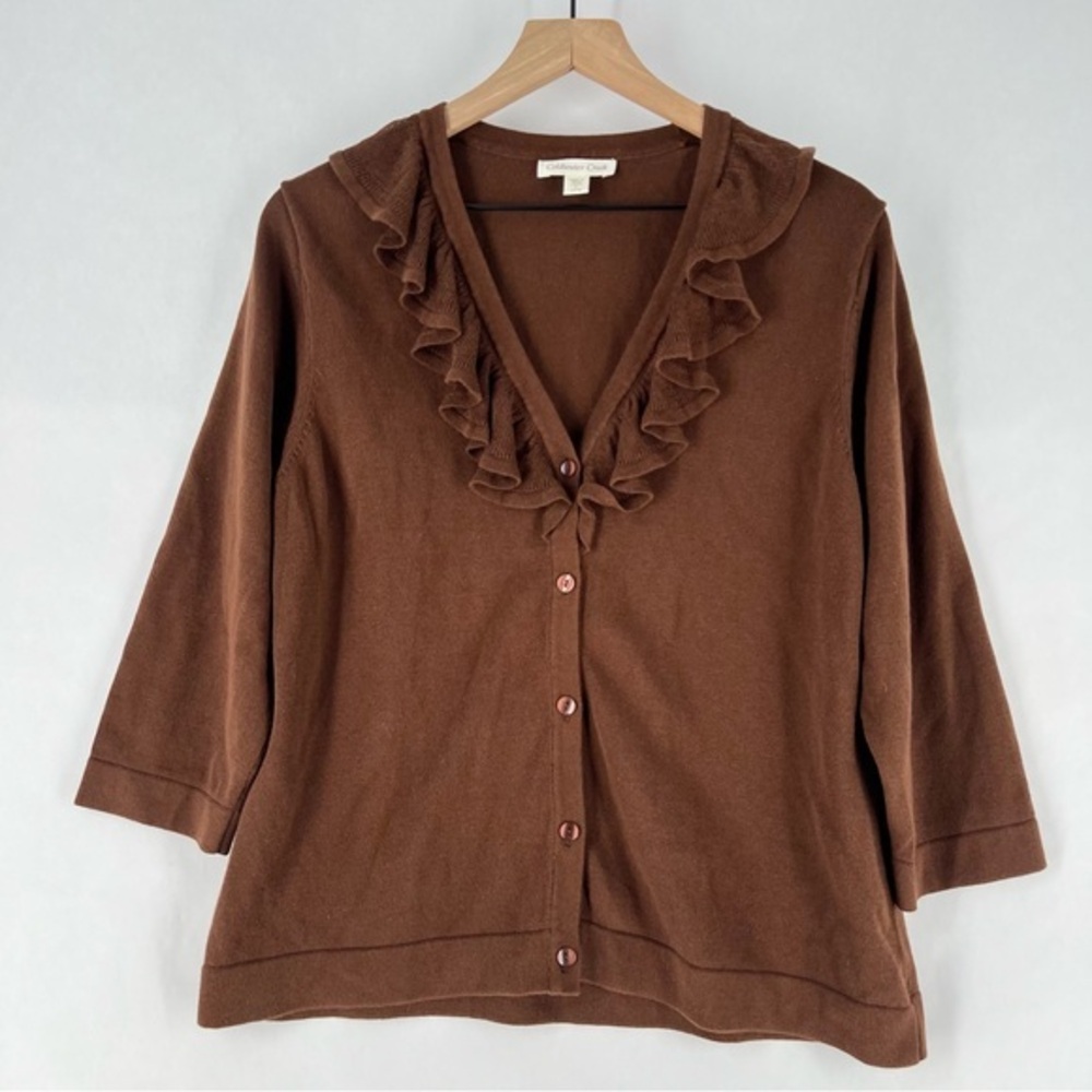 Coldwater Creek Brown Cotton Blend Ruffle V Neck Button Front Sweater Cardigan
